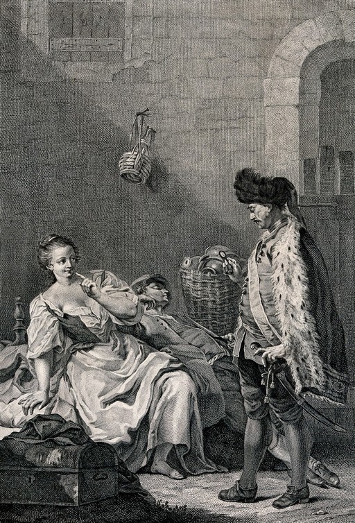 A woman is being approached by a man with a quizzing glass while another man lies asleep beside her. Engraving by Antonio Capellan after Giacomo Batta Piazzetta.