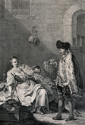 A woman is being approached by a man with a quizzing glass while another man lies asleep beside her. Engraving by Antonio Capellan after G.B. Piazzetta.