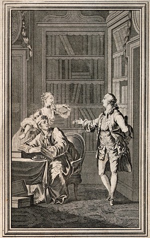 view A young man sits at a table with an open book as another man arrives unexpectedly and the young women raises her hand to her mouth in surprise. Engraving.