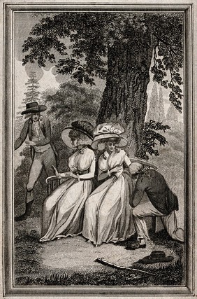 A woman holds back from the man who is on his knees before her while another woman raises her hand to discourage any interference from the man in the background. Engraving and etching.