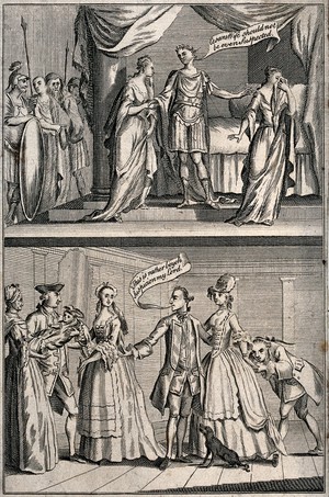 view The third Duke of Grafton divorcing his first wife on the grounds of her adultery compared with Julius Caesar repudiating his wife. Etching.