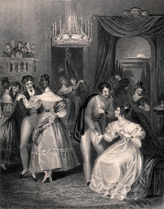 A young lady is being asked by a young man to join the other couples on the dance floor. Engraving by S.S. Smith after J. Stephanoff.
