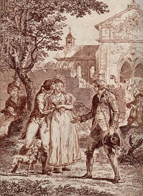 A merry crowd with a fiddler playing a tune celebrates a marriage as the groom kisses the bride. Etching.