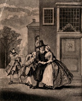 A young woman encourages the attentions of an old man while offering her hand behind his back to a younger one. Mezzotint by Wilson after C. Troost.