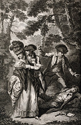 A young man lies on the ground with a letter and a pistol alongside him, two other young men and a woman are nearby looking distraught. Engraving and etching.