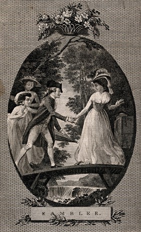 A young man offers his hand to help a young woman cross a bridge over a brook, but she turns back as the bridge is too narrow. Engraving by W. Angus, 1793, after T. Stothard.