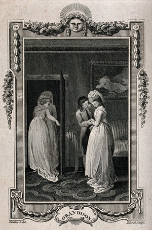 view Two women leave the room as a young man holds the hands of a girl and inclines his head towards her. Engraving by A. Birrel after T. Stothard.