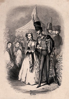 A soldier with a young woman on his arm is watched with interest by those around them. Etching by or after A. Ashley.