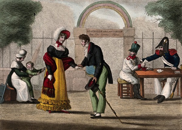 A soldier picks up the handkerchief which a young lady has dropped and hands it back to her. Process print after A. Ashley.