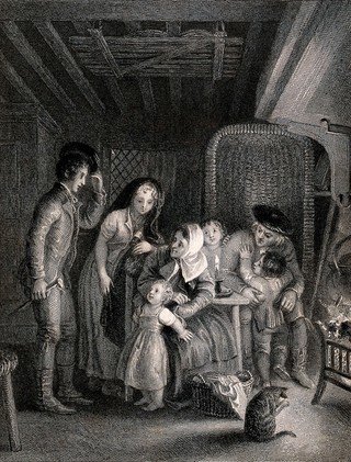 A young man courting a young woman is introduced to her family. Engraving by E. Smith after T. Stothard.
