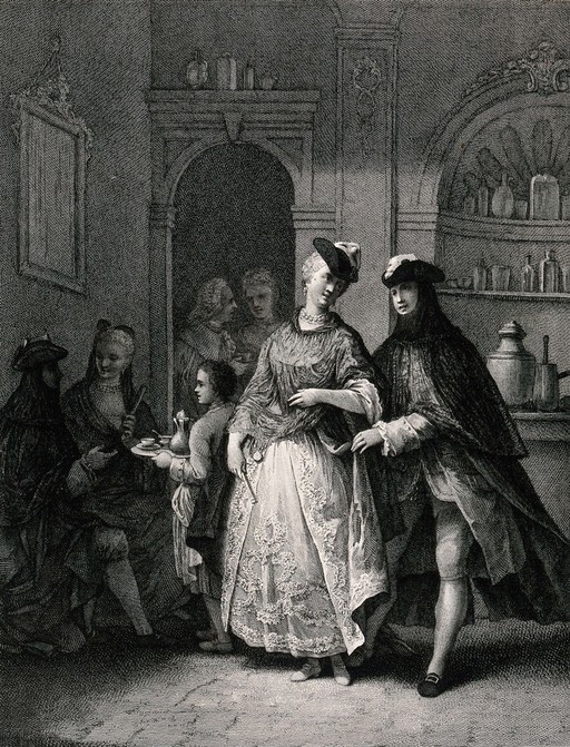 Couples entertain one another and refreshments are served by a young boy. Engraving by G. Volpato after Franco. Maiotto.