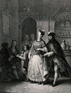 view Couples entertain one another and refreshments are served by a boy. Engraving by G. Volpato after F. Maggiotto.