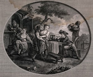 view Men drinking and smoking outside a house: drunken men seize women.. Engraving after S. Freudeberg.