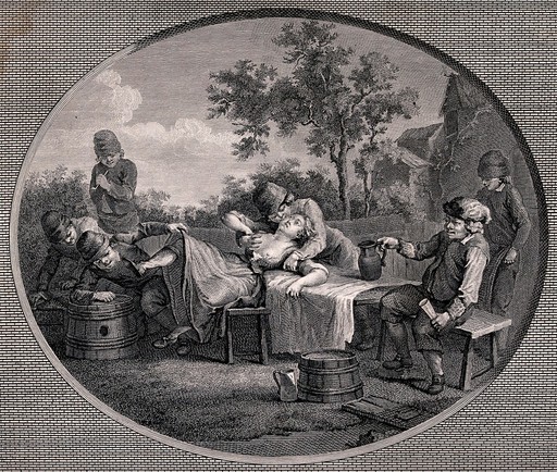 A scene showing the inevitable consequences of over-indulgence. Engraving by De Launey after Fryberg.
