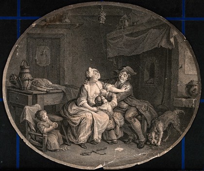 A domestic scene in which a mother surrounded by small children attempts to ward off the attentions of her male companion. Engraving.