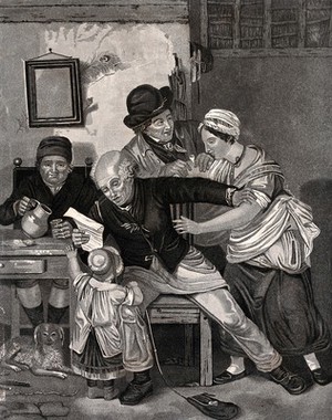 view A young woman attempts to get hold of a letter which an old man is reading out to the apparent amusement of the other men. Aquatint by Domenico Landini after John Burnet.