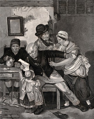 A young woman attempts to get hold of a letter which an old man is reading out to the apparent amusement of the other men. Aquatint by Domenico Landini after John Burnet.