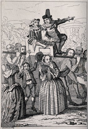 A couple being carried along above the heads of a cheering crowd. Etching by George Cruikshank.