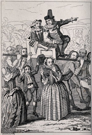 view A couple being carried along above the heads of a cheering crowd. Etching by George Cruikshank.