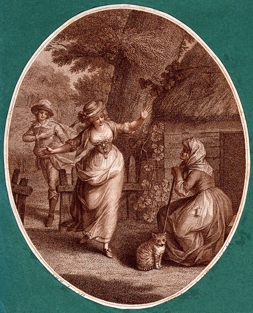 A young girl closely followed by a young man rushes towards an old lady sitting on a stool outside a cottage. Stipple engraving.