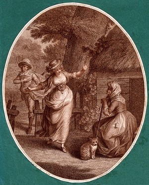 view A girl closely followed by a young man rushes towards an old lady sitting on a stool outside a cottage. Stipple engraving.