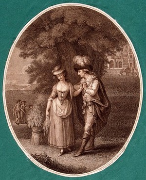 view A young couple stand under a tree: she holds a sheaf of corn in one hand, the young man clasps her other hand. Stipple engraving by P.W. Tomkins after W. Lanranson (?).