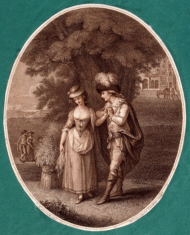 A young couple stand under a tree: she holds a sheaf of corn in one hand, the young man clasps her other hand. Stipple engraving by P.W. Tomkins after W. Lanranson (?)., Octr. 5. 1785, by Peltro William Tomkins