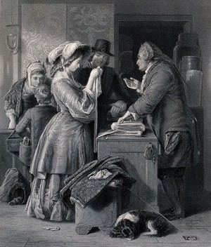 view A young couple visiting a draper's shop to choose material for a wedding gown. Engraving by Frederick A. Heath after W. Mulready.