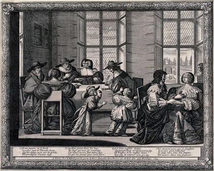 While the older generation sit at a table doing business, a young couple betrothe themselves to each other; two children play with a mask. Engraving by A. Bosse.