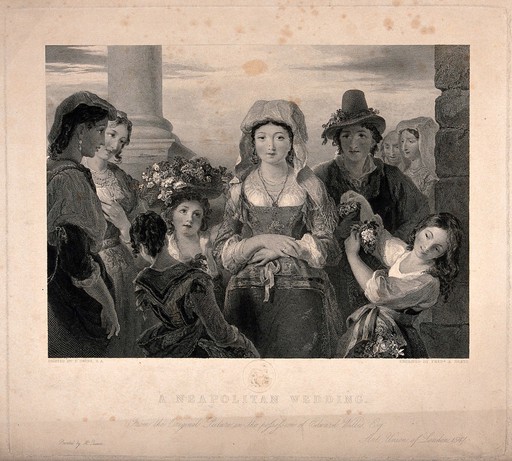 A young bride accompanied by her family and children with flowers. Engraving by Frederick A. Heath after T. Uwins.