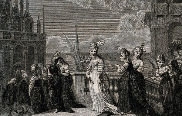 A bride accompanied by a group of guests as they descend the staircase from a balcony. Engraving by I. Neagle after E. Burney.