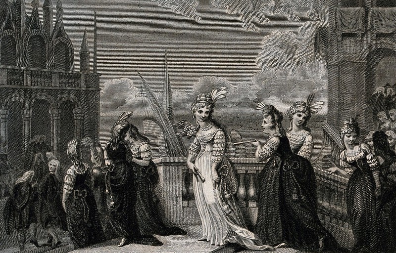 A bride accompanied by a group of guests as they descend the staircase from a balcony. Engraving by I. Neagle after E. Burney., Augt.1 1795, by Edward Francis Burney