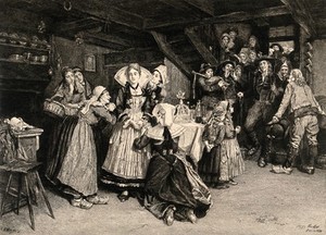 view A wedding in Brittany: the women of the family adjust the young bride's dress as music is played and the groom and guests wait on the stairs to enter the room. Etching by C.O. Murray after Henry Mosler.