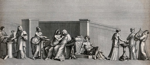 A group of women prepare a young bride for her marriage to the young man who is waiting for her. Engraving by A. Mochetti after Aloysius Agricola after a fresco painting ("the Aldobrandini wedding").