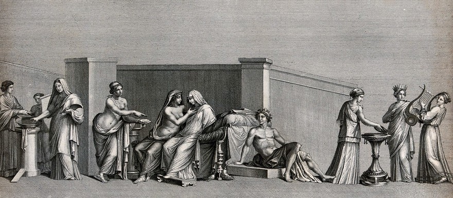 The "Aldobrandini wedding": a group of women prepare a young bride for her marriage. Engraving by A. Mochetti after Aloysius Agricola after a fresco painting.