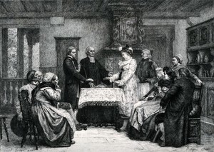 view A Protestant marriage ceremony is performed in Alsace by a priest in the company of the couple's relatives. Etching by P.A. Rajon, ca. 1878, after G. Brion.