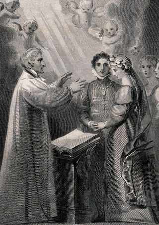 A couple whose marriage appears to be blessed by heaven with cherubs in attendance. Engraving by Heath after T. Stothard.