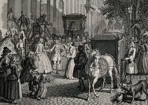 view A crowd gathers and some throw confetti to cheer on a couple whose horse-drawn carriage awaits to take them to the church for their marriage. Engraving.