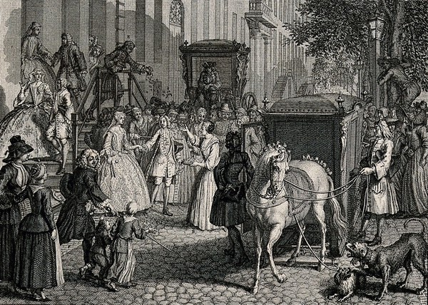 A crowd gathers and some throw confetti to cheer on a couple whose horse-drawn carriage awaits to take them to the church for their marriage. Engraving.