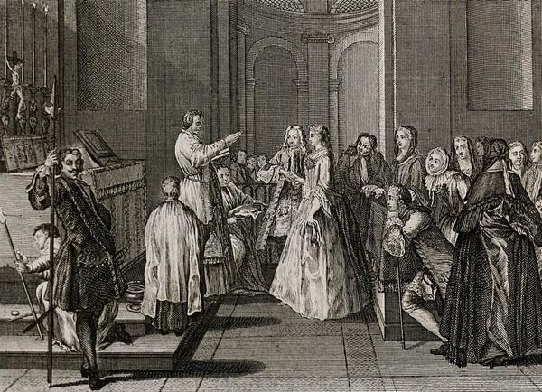 A marriage ceremony is conducted in a church with the couple holding hands and the guests looking on intently. Engraving.