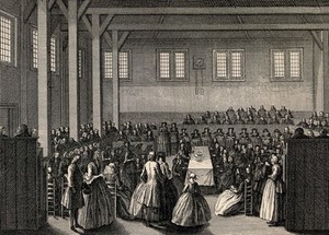 view In a room crowded with people a couple walk towards a table laid with three plates. Engraving.