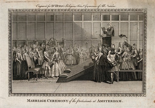 A couple stand before a priest in a pulpit as they take their marriage vows. Engraving.