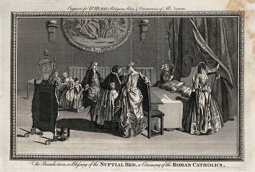 A bed is prepared and blessed for a couple who have just been married. Engraving.