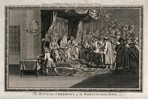 view A marriage ceremony where the bride sits on a high chair with two older women on either side of her and the groom stands at the bottom of the platform. Engraving.