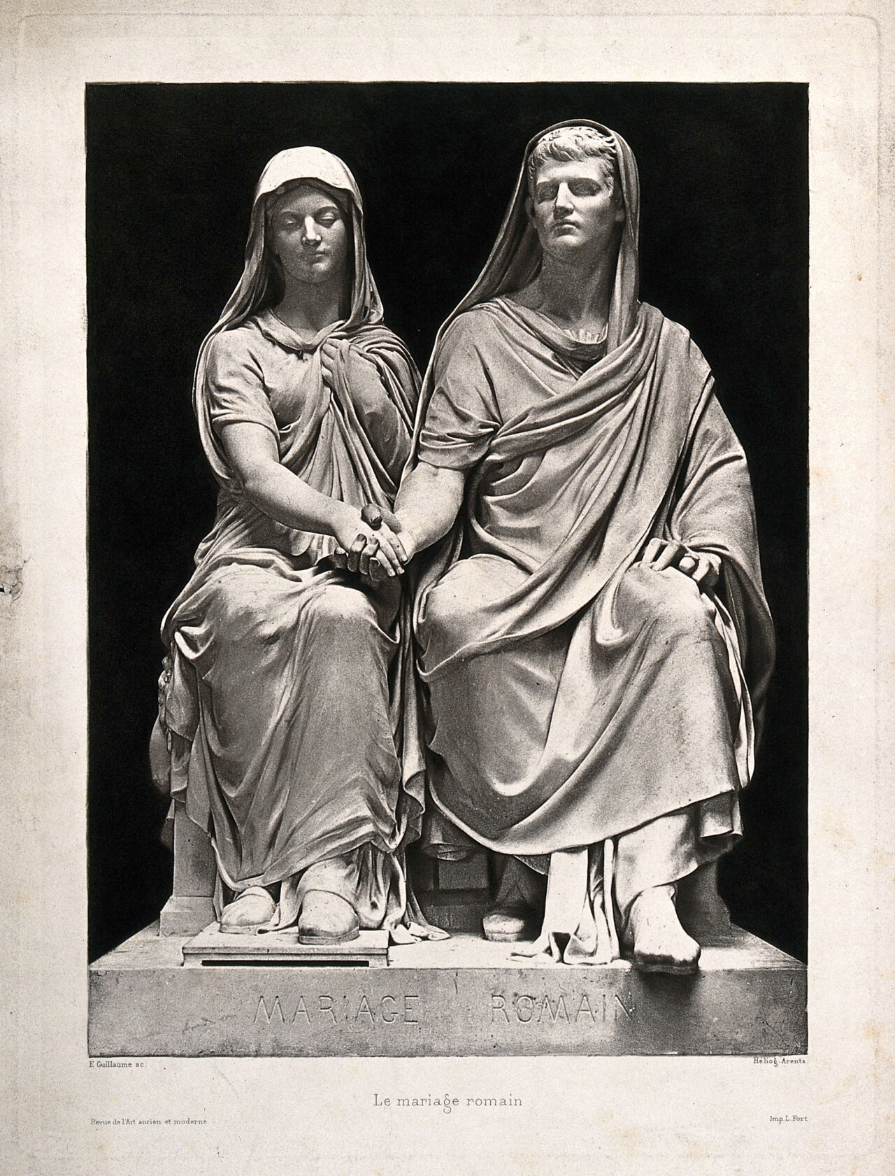 A Roman married couple sit together holding hands. Heliogravure by P. Arents after E. Guillaume., by Jean-Baptiste Claude Eugène Guillaume