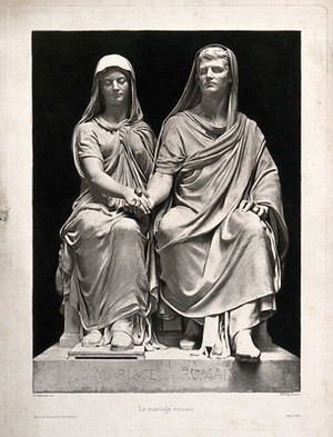 view A Roman married couple sit together holding hands. Heliogravure by P. Arents after E. Guillaume.