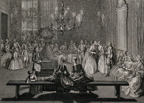 The families of the bride and the groom gather to offer their congratulations to the couple. Engraving.