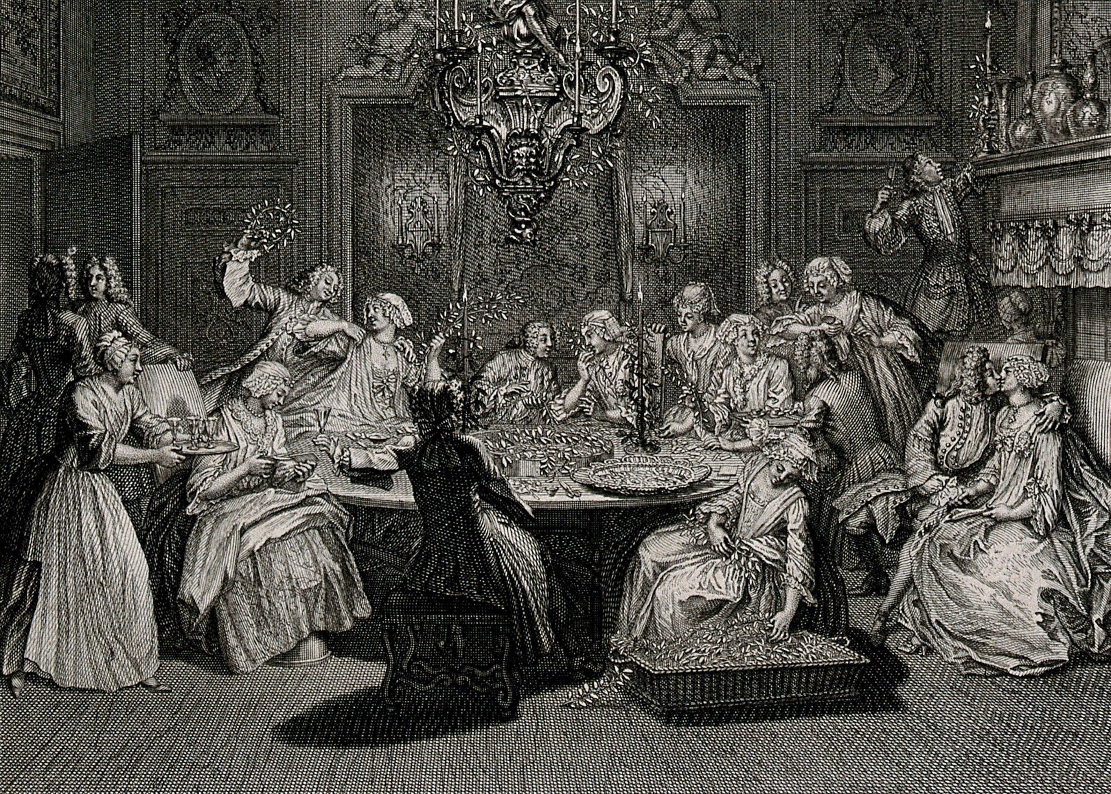 A celebration party is given in honour of a newly-married couple. Engraving by B. Picart after himself.