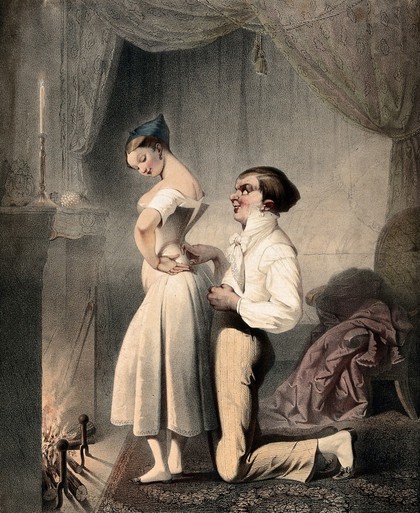 A young woman has the laces of her bodice loosened by her new husband on their wedding night. Coloured lithograph by Bettannier brothers, 1851, after L.-F. Corréard.