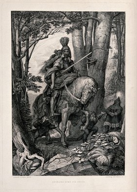 A soldier with a plume of peacock feathers in his helmet carries a young woman home on his horse with goblins giving him directions. Engraving by Ludwig Friedrich after Eduard Steinle.